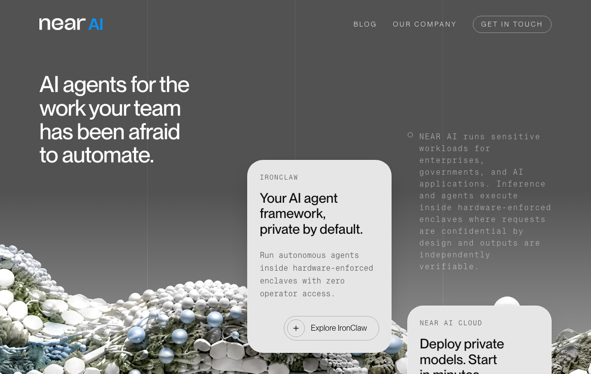 The redesigned NEAR AI homepage presenting confidential agents and NEAR AI Cloud