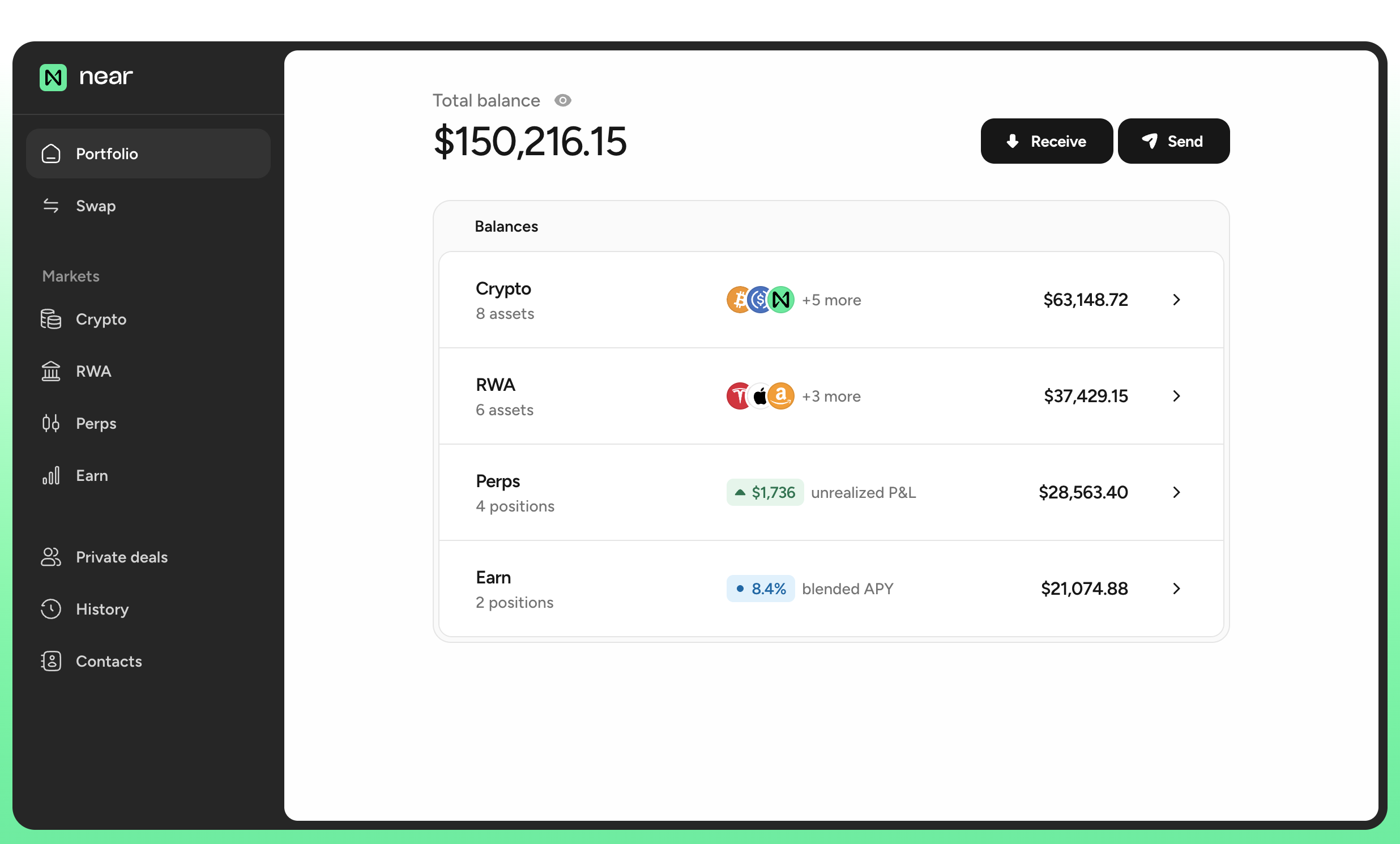 The new near.com portfolio showing a unified balance across crypto, real-world assets, perpetuals, and earn positions